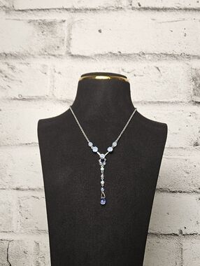 Silver Tone Blue Rhinestone Beaded Y Drop Lariat Necklace Dainty Statement